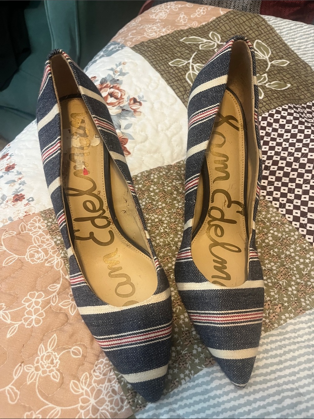 Sam Edelman Navy, White & Red Striped Pointed-Toe Heels